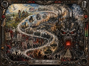 A dramatic mixed-media collage traces an S-shaped journey from bright 1960s idealism into industrial darkness, protest, war, and corruption. Warm blues, greens, and golds fade into smoky grays, rust, black, and red. A towering mechanical monster dominates the right, framed by rock instruments, speakers, metalwork, flames, and engraved title plate.