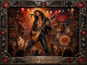 A fiery acrylic-style rock concert captures a charismatic guitarist-singer commanding the stage beneath glowing red, gold, and blue lights. Drums, amplifiers, swirling musical notes, smoky atmosphere, and raised crowd silhouettes intensify the energetic mood. An ornate chrome-and-black frame features red lips, guitar picks, cables, knobs, and an engraved title plate.