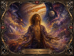 A radiant young figure stands beneath an immense glowing Jupiter, arms open amid swirling nebulae, stars, moons, musical notes, and distant concert lights. Rich gold, violet, blue, and crimson tones create a mystical psychedelic mood. An ornate metallic rock-themed frame surrounds the oil-painted scene, finished with speakers, red lips, stars, and an engraved title plate.