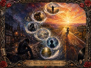 A solitary figure sits beside a shadowed city road as luminous feathered bubbles sweep upward in an S-curve toward a radiant sunrise and open highway. Rich blues, amber, crimson, and gold create a reflective yet hopeful mood. Painterly textures, musical symbols, roses, chrome ornament, and the engraved frame emphasize renewal, freedom, and second chances.