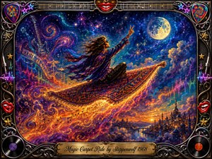 A free-spirited rider soars on an ornate magic carpet through a luminous psychedelic night sky, surrounded by swirling galaxies, moonlight, musical notes, and glowing cosmic clouds. Rich blues, purples, golds, and fiery oranges create exhilarating motion, while an elaborate rock-themed metallic frame and engraved title plate complete the vibrant acrylic-painted scene.