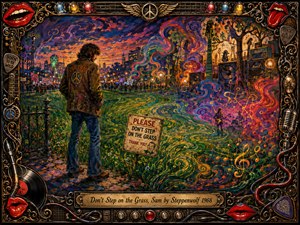 A lone counterculture figure stands beside a Dont Step on the Grass sign as a psychedelic park erupts with swirling greens, reds, violets, and golden light. Distant crowds, speakers, musicians, and city lights create a rebellious 1968 atmosphere. Rich acrylic brushwork, surreal motion, musical symbols, and an ornate rock-themed frame complete the scene.