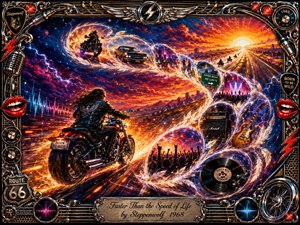 A lone biker races through a fiery cosmic highway as luminous feathered bubbles sweep in an S-curve through motorcycles, muscle cars, city lights, concerts, guitars, amplifiers, and vinyl records. Electric reds, oranges, blues, and violets blaze beneath dramatic lighting, while an ornate chrome rock-and-roll frame completes the energetic acrylic-paint composition.