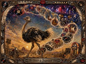 A proud ostrich strides through a dusty desert dreamscape as feathered bubbles sweep upward in an S-curve, carrying guitars, drums, vinyl records, red lips, stage lights, and rock imagery. Warm golds and rust tones shift into electric blues and reds, framed by ornate metallic musical details in a richly textured acrylic style.
