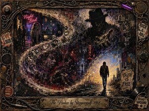A shadowy urban figure looms over a turbulent S-shaped collage of nightlife, temptation, despair, and resistance. Smoky blacks, bruised purples, crimson, tarnished gold, and electric blue create a tense nocturnal mood, while warm dawn light guides a lone figure toward freedom. Rusted musical hardware frames the gritty mixed-media composition.