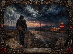 A lone traveler carrying a battered guitar walks along a wet desert highway beneath turbulent storm clouds, surrounded by ghostly memories and fading neon motel lights. Deep blues, smoky grays, rusty browns, and crimson accents heighten the desperate mood. An ornate rock-inspired metal frame, roses, cables, and engraved title plate complete the dramatic mixed-media painting.