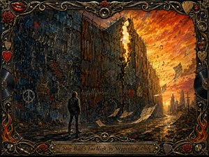 A lone figure faces an immense weathered wall of rusted steel, cracked concrete, and brick beneath a fiery orange sky. Golden light breaks through a jagged opening, suggesting hope beyond isolation. Cool blues and dark grays contrast with warm sunset tones, while musical symbols, debris, roses, records, and ornate rock-inspired metalwork enrich the dramatic mixed-media composition.