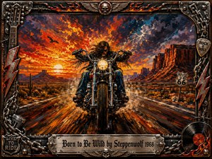 A lone biker charges down a desert highway beneath a blazing orange-red sunset, radiating freedom, speed, and rebellious energy. Bold acrylic-style brushwork emphasizes motion, chrome reflections, dust, and rugged mesas. An ornate rock-themed frame of chains, flames, guitar details, lightning bolts, and vinyl surrounds the dramatic composition.
