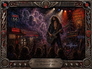 A brooding rock guitarist commands a smoky roadside stage as shadowed crowds surge beneath fiery spotlights. Deep reds, violet haze, midnight blues, and metallic highlights create a tense psychedelic atmosphere. Ghostly figures, Route 66 imagery, amplifiers, sound waves, and neon signs enrich the gritty oil-painted scene, framed by elaborate rock-and-roll hardware.