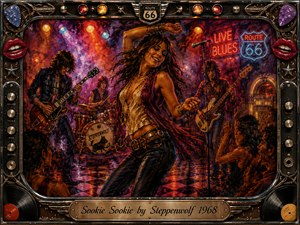 A joyful dancer commands a smoky 1960s rock club as guitarists and a drummer perform behind her beneath glowing neon lights. Fiery reds, oranges, purples, and blues create an electric nighttime mood. Thick oil-paint textures, reflective flooring, jukebox details, and a chrome musical frame complete the energetic composition.