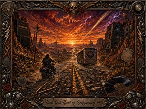 A lone motorcyclist follows a weathered tour bus down a cracked desert highway toward a blazing sunset, surrounded by rugged cliffs, towering speakers, and scattered musical relics. Fiery oranges, rust reds, deep shadows, and violet lightning create a rebellious, cinematic mood, framed by ornate metalwork, roses, skulls, engines, and rock-inspired details.