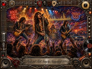 A fiery 1970s rock concert erupts beneath glowing stage lights, with a charismatic singer, guitarist, bassist, drummer, and cheering crowd framed by smoky reds, golds, blues, and violets. Painterly mixed-media textures blend neon roadside imagery, amplifiers, vinyl, guitar hardware, chrome details, and an ornate engraved Steppenwolf title plate.