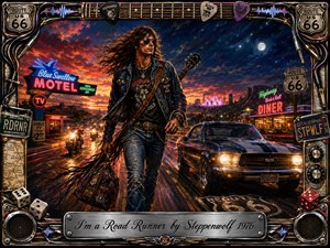 A rugged long-haired rocker strides down Route 66 at twilight, guitar slung behind him as motorcycles and a black muscle car surge through neon-lit desert scenery. Fiery sunset tones blend into deep blue night, while chrome, guitar strings, dice, speakers, road signs, and glowing sound waves form an elaborate retro rock-and-roll frame.