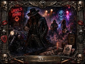 A shadowy leather-clad outlaw dominates a rain-slicked rock-club alley, backed by guitarists, glowing skull imagery, neon signs, smoke, and stage lights. Crimson, violet, steel-blue, and amber highlights create a sinister, rebellious mood. Playing cards, dice, whiskey, motorcycles, skulls, and an ornate metallic frame reinforce the gritty mixed-media rock aesthetic.
