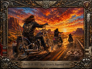 Three motorcyclists thunder along Route 66 through a rugged desert beneath a blazing orange-and-blue sunset, capturing freedom, rebellion, and open-road exhilaration. Rich oil-painted textures emphasize chrome, leather, dust, and glowing cliffs. An ornate rock-themed frame of guitars, chains, flames, wings, and metallic details surrounds the dramatic scene.