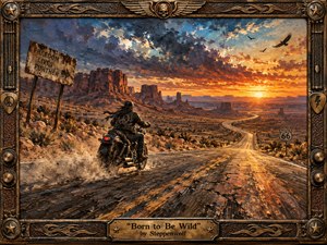 A lone motorcyclist roars down a weathered desert highway toward a blazing sunset, surrounded by rugged mesas, soaring birds, and endless open sky. Thick, expressive paint textures and warm amber, rust, blue, and gold tones create a rebellious, cinematic mood, framed by ornate distressed metalwork and a vintage title plate.