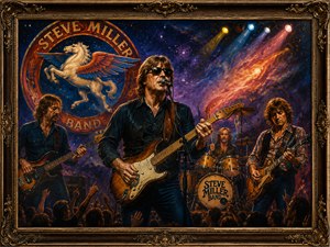 A dramatic cosmic concert places the Steve Miller Band beneath blazing stage lights and a soaring Pegasus emblem. The lead guitarist commands the center while the bassist, drummer, and second guitarist perform before an excited crowd. Deep space colors, glowing nebulae, and an ornate antique frame create a powerful classic rock spectacle.