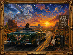 A dark green vintage convertible speeds along a winding desert highway toward a brilliant sunset. A white Pegasus races across the starry sky while a ringed planet glows above the mesas. A roadside guitar, amplifier, cowboy hat, and weathered sign complete this adventurous vision of freedom, music, and endless open road travel.