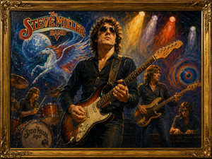 A charismatic guitarist stands beneath powerful concert lights while his band performs around him. Behind the musicians, a celestial Pegasus flies past a large moon and swirling painted stars. The dramatic stage lighting, rich oil paint texture, and ornate gold frame capture the confidence, excitement, and psychedelic atmosphere of a classic rock performance.