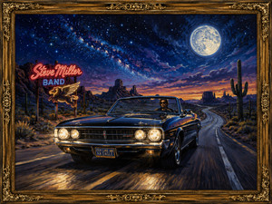 A glossy black convertible races through a moonlit desert beneath a brilliant field of stars. Its headlights reflect across the dark highway as towering cacti and distant rock formations line the road. A glowing roadside band sign adds nostalgic color, creating a cinematic nighttime journey filled with speed, mystery, and rock and roll freedom.