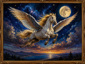 A radiant Pegasus sweeps across a vast celestial sky filled with stars, glowing clouds, and a golden moon. Below, a tranquil lake reflects the last light of sunset while distant towns sparkle along the shoreline. The richly layered wings and flowing mane give the scene an uplifting sense of grandeur, motion, and freedom.