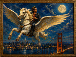 A confident rider wearing dark glasses guides a white Pegasus above a brightly illuminated city and suspension bridge. The powerful winged horse glows beneath the full moon as city lights shimmer across the water. The dramatic composition blends modern outlaw attitude with mythic adventure, suggesting escape, speed, and fearless movement through the night.