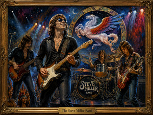 A lively Steve Miller Band performance unfolds beneath colorful spotlights and a large celestial Pegasus emblem. The smiling lead guitarist takes center stage while the bassist, drummer, and second guitarist play before an enthusiastic audience. Rich blues, reds, and golds, combined with the ornate frame, create a celebratory vintage concert portrait.