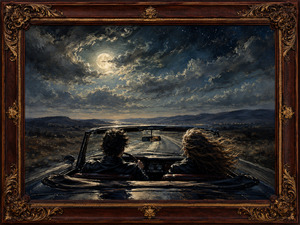 A couple drives an open convertible along an empty moonlit highway, their hair and clothing swept by the rushing night wind. Silver clouds, distant hills, and scattered lights pull them toward the horizon. Rosewood, routed inlay, gold leaf, and elaborate corners frame freedom, dependence, momentum, and unwavering companionship together forever.
