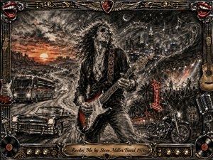 A jubilant guitarist dominates a sweeping charcoal road-trip fantasy, framed by ornate chrome, gold, guitars, records, and rock memorabilia. A glowing desert sunset, winding highway, tour bus, classic car, neon motel, motorcycle, city skyline, and concert crowd merge dynamically. Warm reds and oranges punctuate smoky blacks, silvers, and dramatic stage lighting.