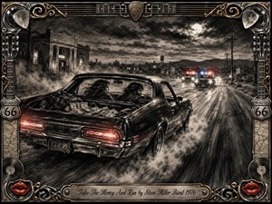 A charcoal-toned 1970s muscle car races down a moonlit highway with stolen cash visible inside as police cars pursue through a dusty small town. Red taillights and flashing sirens punctuate the monochrome scene. An ornate chrome-and-gold frame features guitars, Route 66 emblems, vinyl records, red lips, and an engraved title plate.