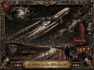 A silver jet climbs through a turbulent charcoal night above a glowing highway and distant city, while a lone traveler stands beside a neon motel carrying a guitar case. Deep blacks, smoky grays, red accents, and warm amber lights create a restless, nostalgic mood, framed by ornate chrome, gold, vinyl, strings, and microphone details.