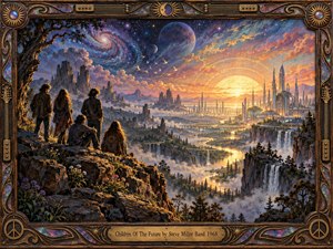 A small group of long haired youths stands on a rocky overlook above a vast dreamlike valley where waterfalls, winding rivers, and a glowing futuristic city stretch toward a radiant horizon. Swirling galaxies and planets crown the sky, while warm gold and violet light create a mystical, hopeful, psychedelic painted scene.