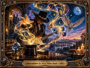 A mysterious guitarist conjures swirling golden light above a moonlit mountain valley, surrounded by tarot cards, planets, candles, books, an owl, and celestial symbols. Deep blues, amber highlights, and glowing sparks create a magical nocturnal mood, while the ornate guitar-themed frame gives the richly detailed fantasy painting a theatrical 1982 rock aesthetic.