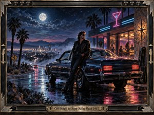 A cool, mysterious man leans against a dark vintage coupe outside a neon roadside lounge overlooking a moonlit desert city. Deep blues, violets, silver, and magenta reflections shimmer across wet pavement. Palm silhouettes, distant lights, mist, chrome, and a guitar case enhance the cinematic 1980s painted-rock atmosphere.
