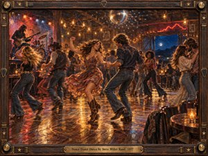 A vibrant 1970s dance hall glows with amber bulbs, neon accents, and moonlit blue shadows as couples whirl across a polished wooden floor. Rich oil-painted textures, flowing clothing, reflected light, and a lively band create warmth and motion, framed by dark carved wood, brass details, and a vintage engraved plaque.