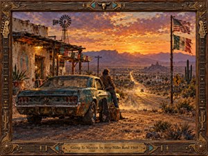 A weathered teal muscle car rests beside a dusty borderland road at sunset, where a lone traveler faces distant mountains and a glowing horizon. Warm amber, rust, turquoise, and violet tones enrich the textured oil-painted scene, framed with aged wood, brass, guitar details, desert symbols, and a vintage title plate.