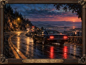 A rain-soaked mountain road curves above a glowing coastal city at sunset, where a dark vintage muscle car pauses beneath amber streetlights. Deep blues, fiery orange reflections, wet pavement, distant mountains, and neon accents create a reflective, restless mood. A handcrafted wood-and-metal guitar-themed frame completes the cinematic composition.