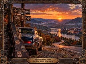 A weathered classic car and guitar case overlook a winding river valley at sunset, framed by rustic wood, metal, strings, and musical hardware. Warm orange light washes over autumn hills, bridge, town, and road, creating a reflective, restless blues mood with cinematic depth, tactile textures, and period Americana character.