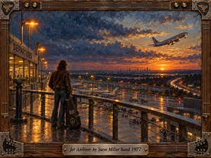 A lone traveler with a worn guitar case watches a jet climb into a fiery dusk above a rain-slick airport. Deep indigo clouds, amber runway lights, distant city silhouettes, and streaming highway traffic create a bittersweet sense of departure. Textured oil-paint brushwork and a rugged guitar-inspired frame evoke 1970s rock nostalgia.