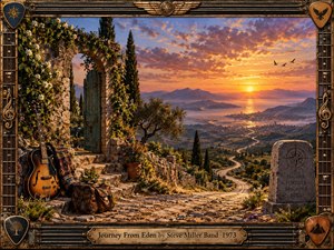 A richly detailed sunset landscape shows an old stone arch, flowering vines, guitar, travel bag, and winding road descending toward a glowing coastal valley. Warm gold, rust, blue, and violet light create a nostalgic, hopeful mood, framed by ornate wood and metalwork with musical details and a weathered title plate.