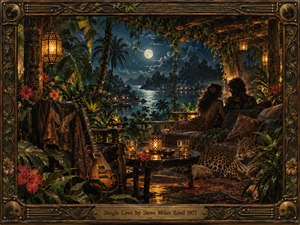 A moonlit tropical lounge glows with amber lanterns amid dense jungle foliage, carved wood, and reflective water. A couple sits close beneath a rustic canopy while a guitar, drinks, patterned fabrics, and a resting jaguar enrich the scene. Deep greens, indigo blues, and warm golds create a sensual 1970s oil-painted atmosphere.