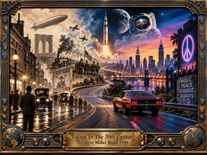 A sweeping retro-futurist cityscape traces the twentieth century from sepia streets, steam trains, wartime silhouettes, and zeppelins to rockets, astronauts, neon skylines, and a glowing highway. Warm gold, deep blue, and crimson light create a dramatic nostalgic mood, framed by ornate metallic guitar-inspired details and engraved hardware.