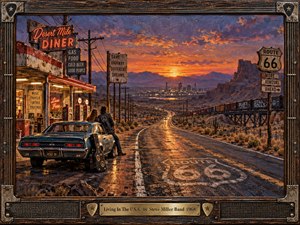 A weathered American highway stretches toward a glowing sunset, framed by desert cliffs, telephone poles, a distant city, and a freight train. A vintage car rests beside a neon diner as two travelers face the open road. Rich orange, blue, and violet tones, textured brushwork, reflective pavement, and rustic framing create a nostalgic, restless mood.