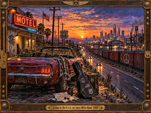 A weathered red convertible rests beside a neon motel at sunset, overlooking Route 66, freight trains, and a glowing city skyline. Warm orange and violet light reflects across the road, while a guitar case, map, and travel gear suggest restless freedom. The richly textured painting feels nostalgic, cinematic, and distinctly handcrafted.