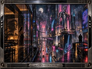A neon drenched futuristic city rises under a full moon, viewed from sleek high terraces and reflective glass interiors. Chrome towers, wet streets, glowing signs, a giant metallic figure, and a lone observer create a moody, luxurious atmosphere. The detailed mixed media style blends noir drama, vivid color, and retro 1980s grandeur.