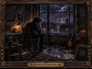 A solitary musician sits in a shadowed room overlooking a rain-soaked city, surrounded by a guitar, amplifier, records, and scattered pages. Deep blues, smoky browns, and amber lamplight create a brooding late-night mood, while textured painterly surfaces, reflections, and stormy windows emphasize isolation, tension, and restless creativity.