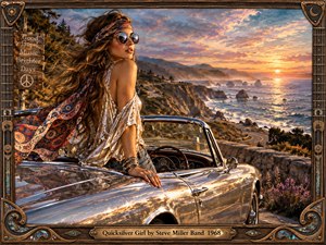 A bohemian woman in round sunglasses leans against a gleaming vintage convertible beside a winding coastal highway at sunset. Warm gold, coral, and blue tones create a dreamy 1960s atmosphere, with ocean cliffs, wildflowers, reflective chrome, and an ornate guitar-inspired frame surrounding the richly detailed cinematic scene.