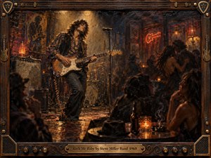 A long-haired guitarist performs in a smoky late-1960s blues-rock club, surrounded by candlelit tables, blurred dancers, and warm neon glow. Deep indigo, amber, burgundy, and aged gold create an intimate, sensual mood. Heavy oil and encaustic textures, worn wood, brass details, and dramatic lighting give the scene handcrafted depth.