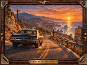 A vintage muscle car races along a winding coastal highway at sunset, framed by rugged cliffs, ocean spray, and distant mountains. Golden light floods the road, creating an energetic, carefree mood. Rich oil-paint textures, warm oranges, deep blues, and handcrafted musical frame details evoke classic 1970s rock.