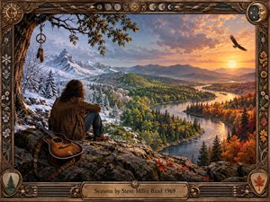 A lone musician rests on a rocky overlook beside an acoustic guitar, watching a sweeping valley transition from snowy mountains through green spring forests to glowing autumn woods. Warm sunset light, winding water, soaring birds, and a carved vintage frame create a reflective, nostalgic mood in richly detailed painterly realism.